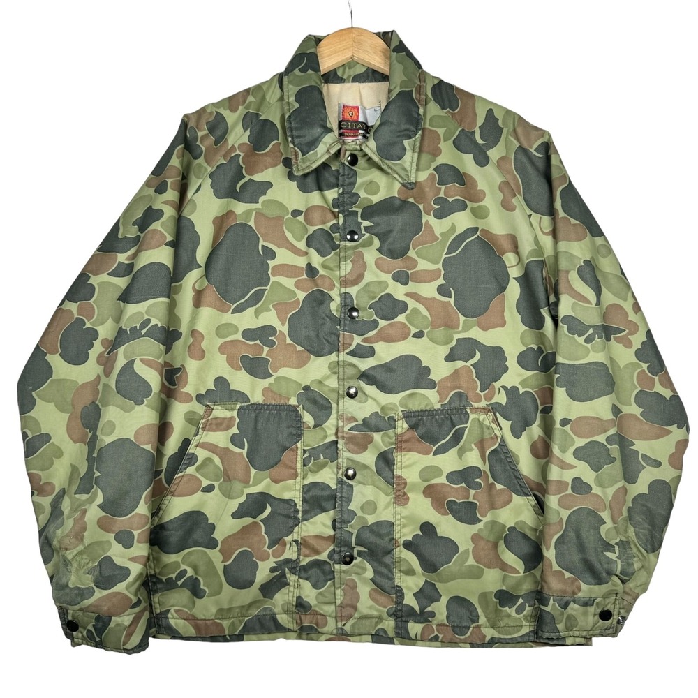 Vintage 80s Citation Jacket Camo Lined Snap Front Nylon - Men Large Green